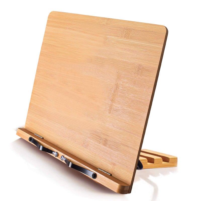 wishacc Bamboo Book Stand Cookbook Holder with 5 Adjustable Height 13.2 x 9.2 - Image 1